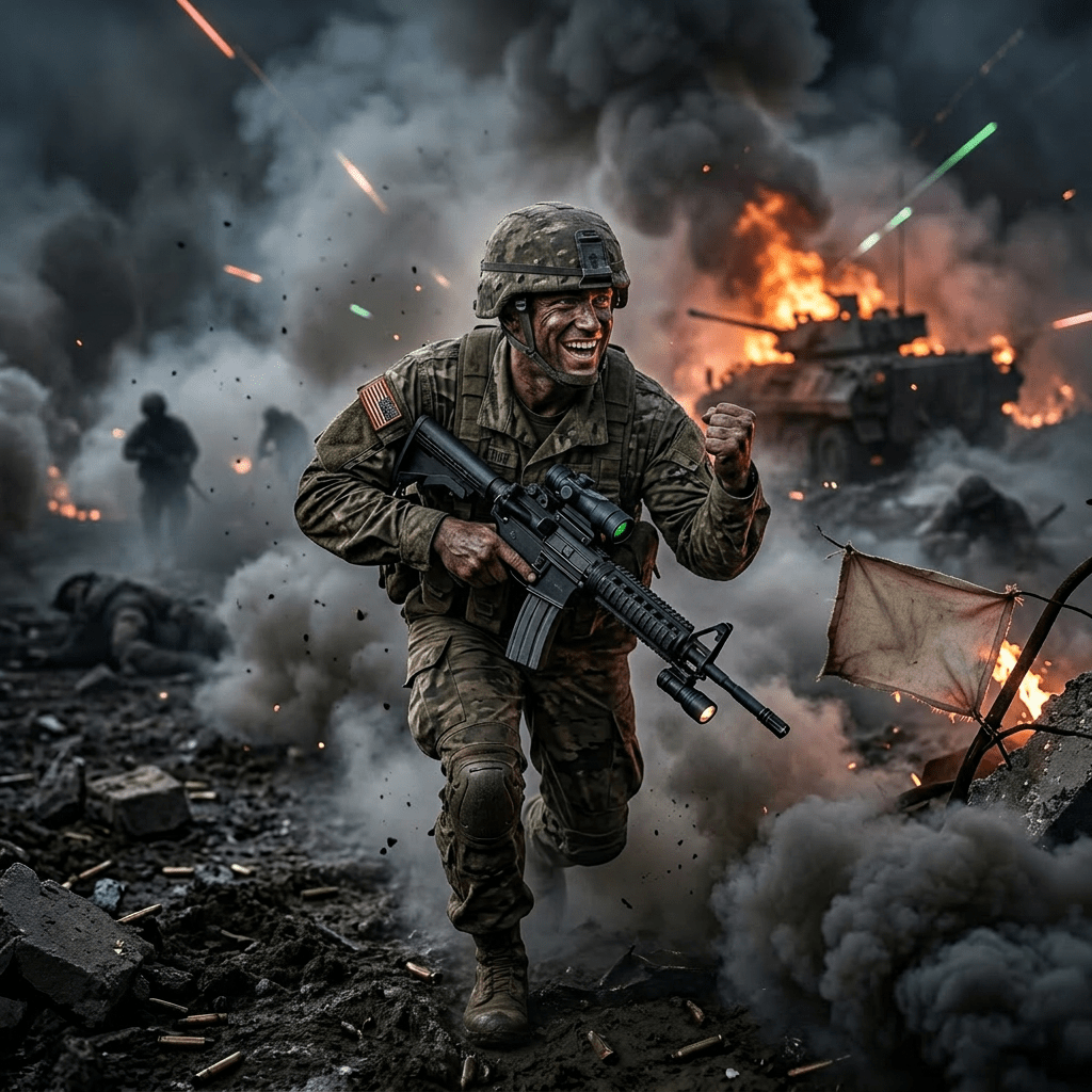Soldier in combat gear running forward with rifle on a smoky, fiery battlefield