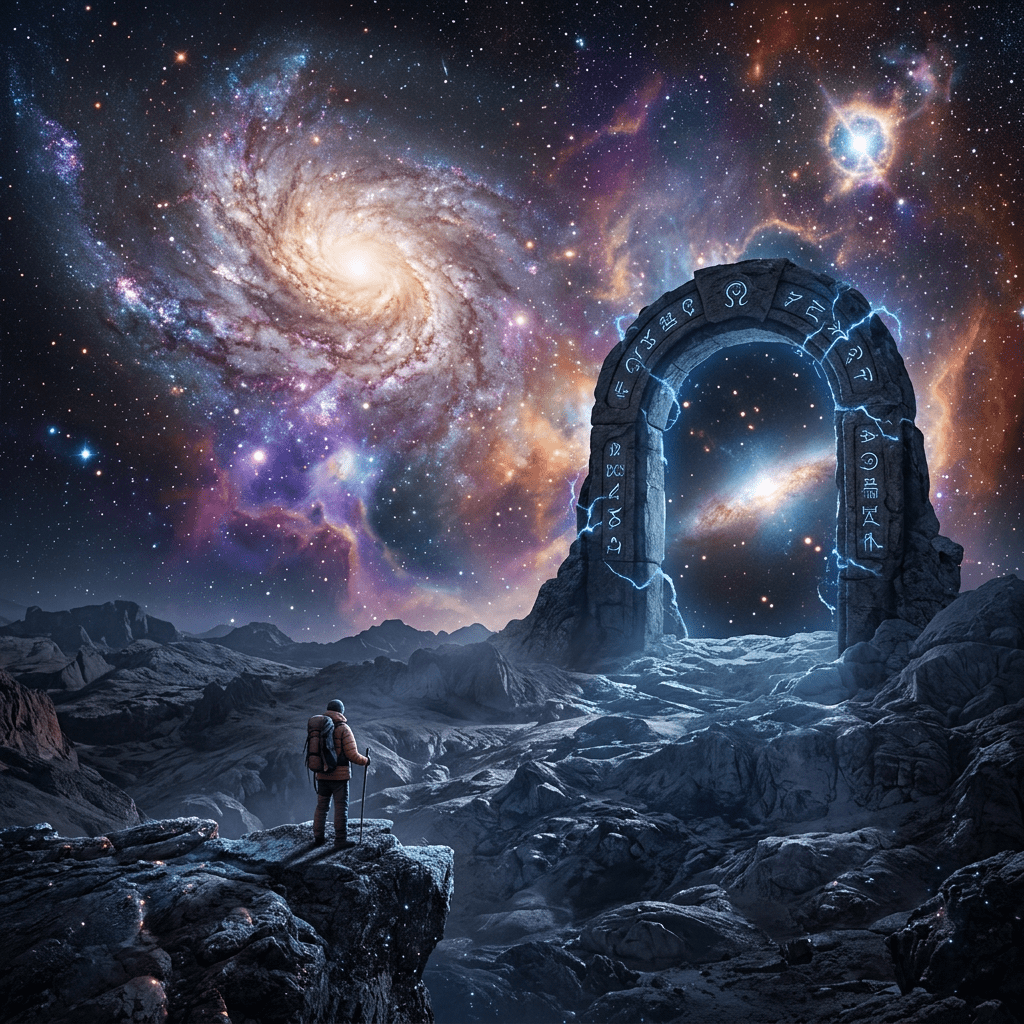 Explorer standing before an ancient glowing portal with cosmic symbols on rocky alien landscape under a starry colorful galaxy sky