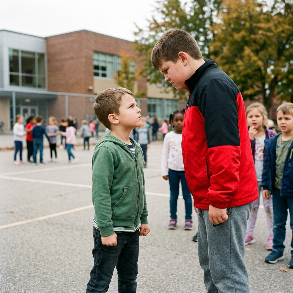 Two boys confront each other with serious expressions on a school playground.