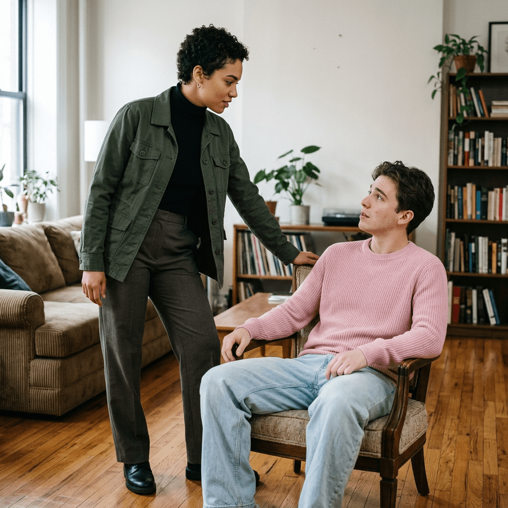 Woman talking to seated young man in living room