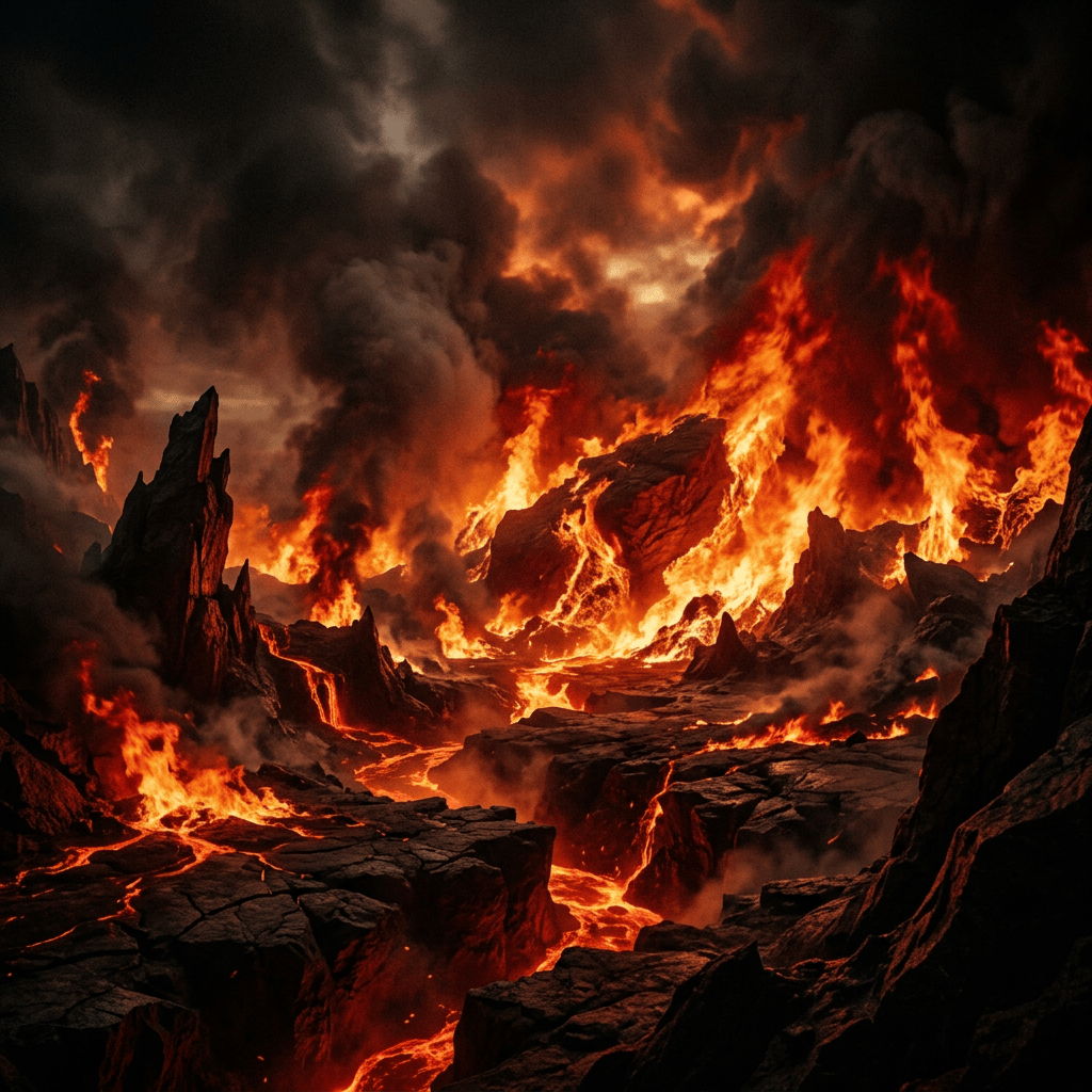 Lava flowing through a fiery volcanic landscape beneath thick smoke