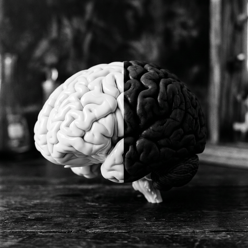 Detailed anatomical model of a human brain on a wooden surface